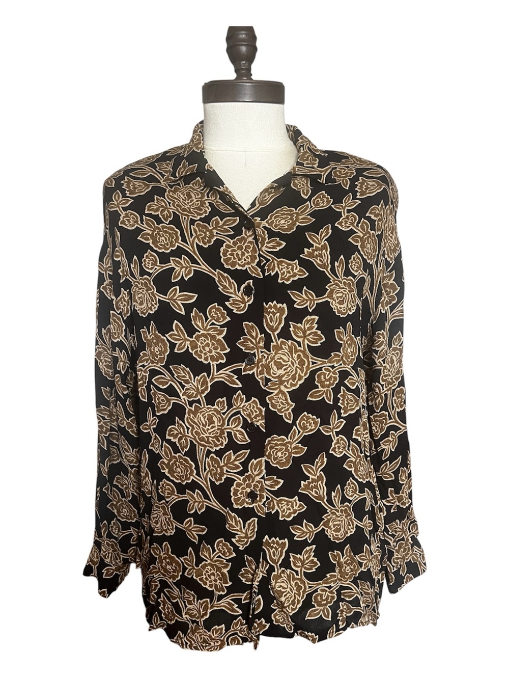 Jones New York VTG Y2K Fairy Floral Whimsygoth Button Up Shirt Blk Taupe SZ 10